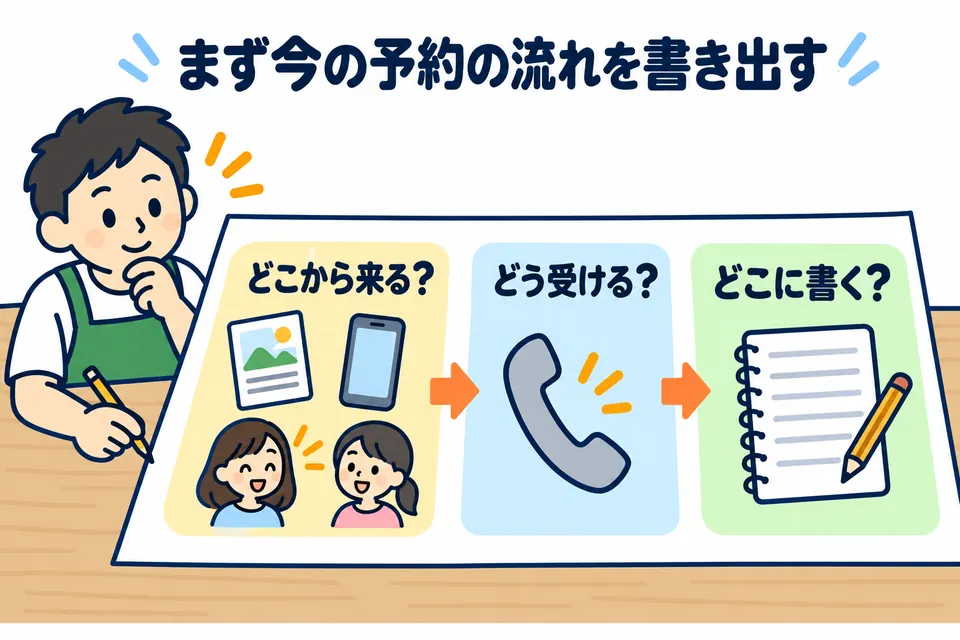 紙を3列に分けて書き出す図。どこから来る？（チラシ・スマホ・紹介）、どう受ける？（電話）、どこに書く？（手書きのノート）。