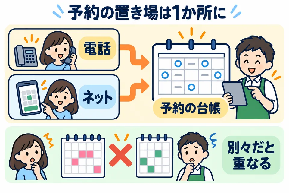 電話の予約とネットの予約が、どちらも1つの予約の台帳に集まる図。台帳が別々だと予約が重なる。