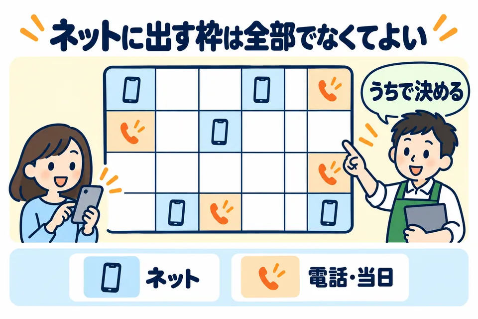 週の予定表で、一部の枠をネット用、残りを電話・当日用に分けている図。枠の出し方はお店が決める。