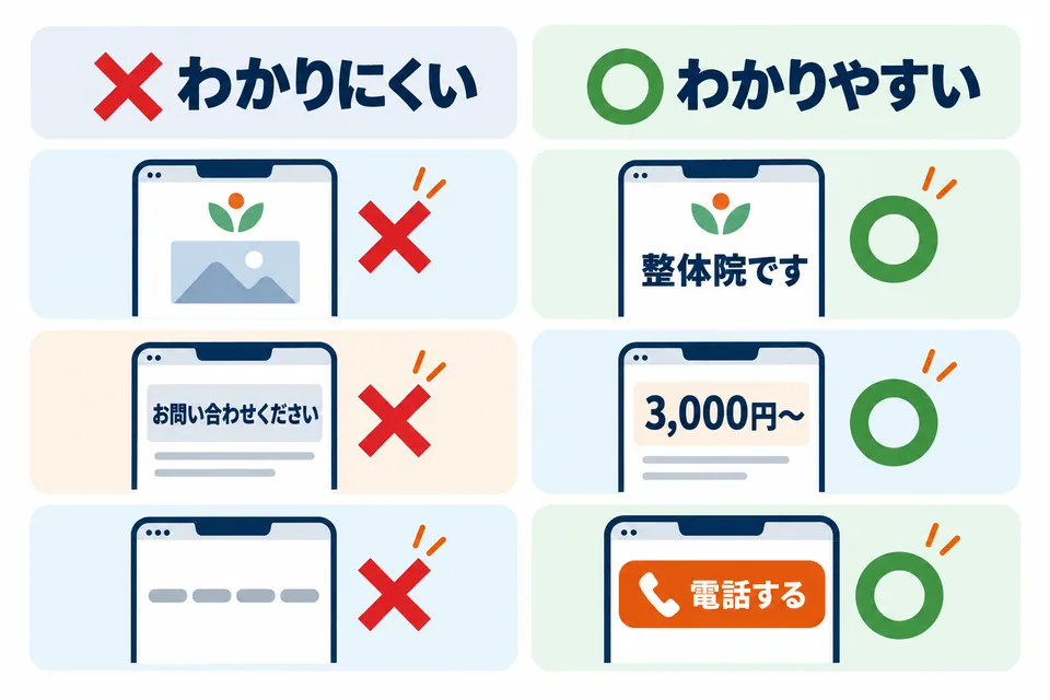 わかりにくい例とわかりやすい例の比較。写真とロゴだけのページより「整体院です」と書いたページ、「お問い合わせください」より「3,000円〜」、文字だけの番号より「電話する」ボタンのほうが分かりやすい。