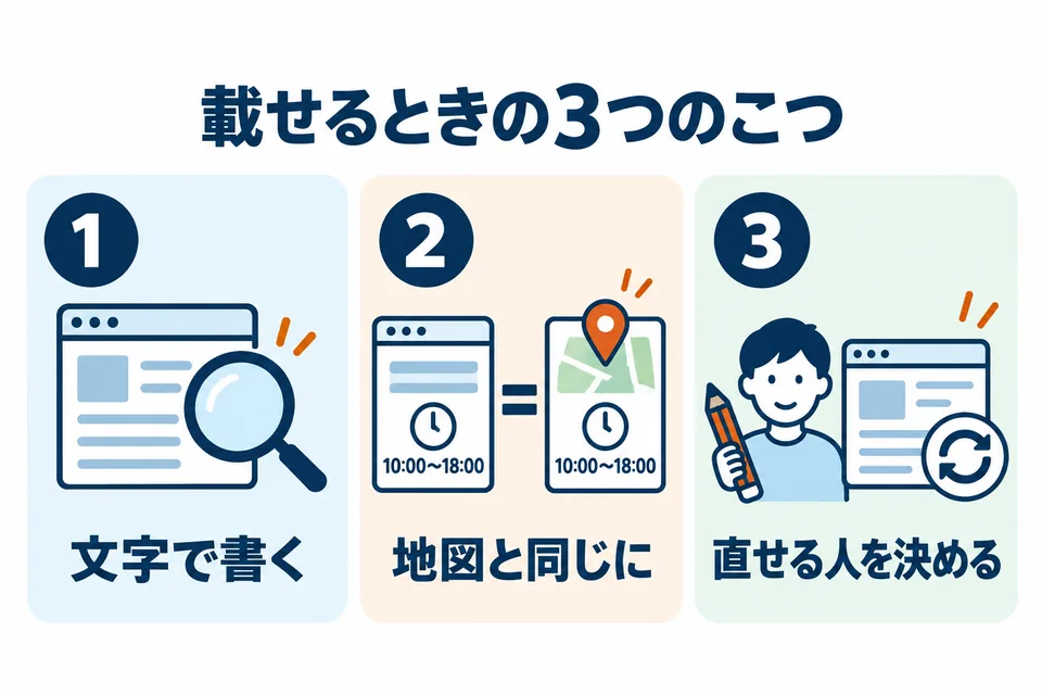 載せるときの3つのこつ。1 文字で書く、2 ホームページと地図の営業時間を同じにする、3 直せる人を決める。