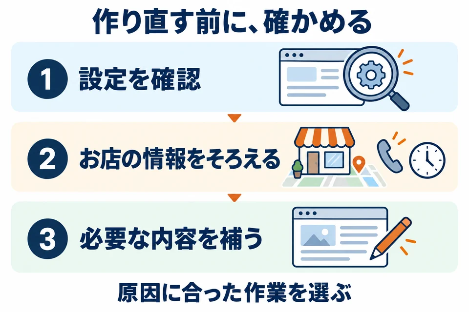 作り直す前に、設定を確認し、お店の情報をそろえ、必要な内容を補う。原因に合った作業を選ぶ図。