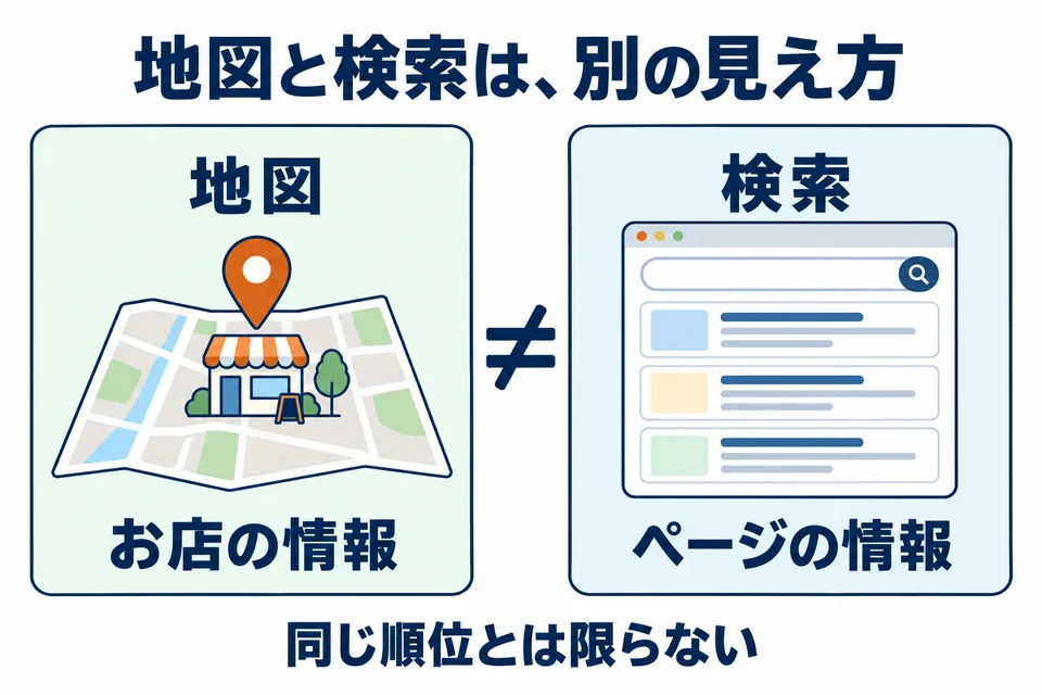 地図はお店の情報、ホームページの検索はページの情報。同じ表示順位になるとは限らないことを示す比較図。