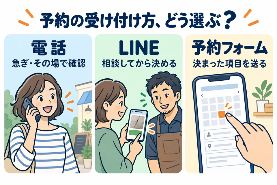 電話は急ぎの確認、LINEは相談してから決めるとき、予約フォームは決まった項目を送るとき。それぞれの向いている場面を並べた比較図。