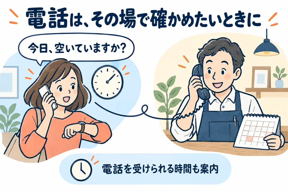 お客様が「今日、空いていますか？」と電話し、お店の人が予定表を確認している。電話を受けられる時間も案内する。