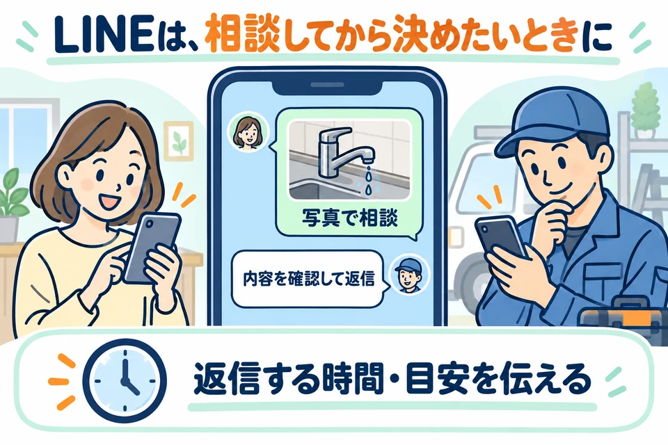 お客様が水漏れの写真をLINEで送り、修理担当者が内容を確認して返信する。返信する時間や目安を伝える。