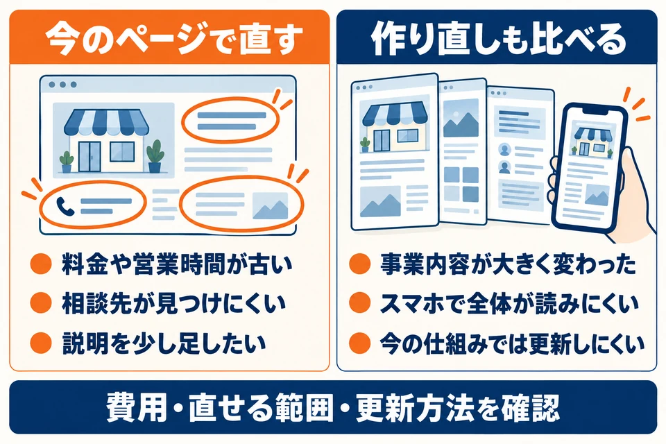 料金の更新や案内の追加は部分修正から検討。事業内容の大きな変更、サイト全体の読みにくさ、更新の難しさがある場合は作り直しも比較し、費用・直せる範囲・更新方法を確認する。