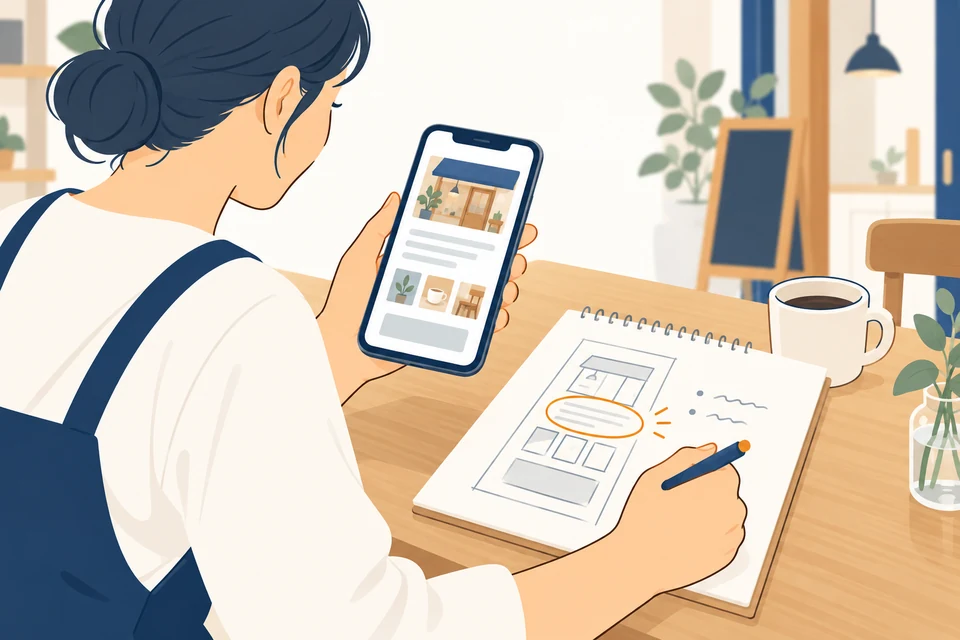 スマホでお店のホームページを確かめ、気になる箇所を紙にメモする店主のイラスト。