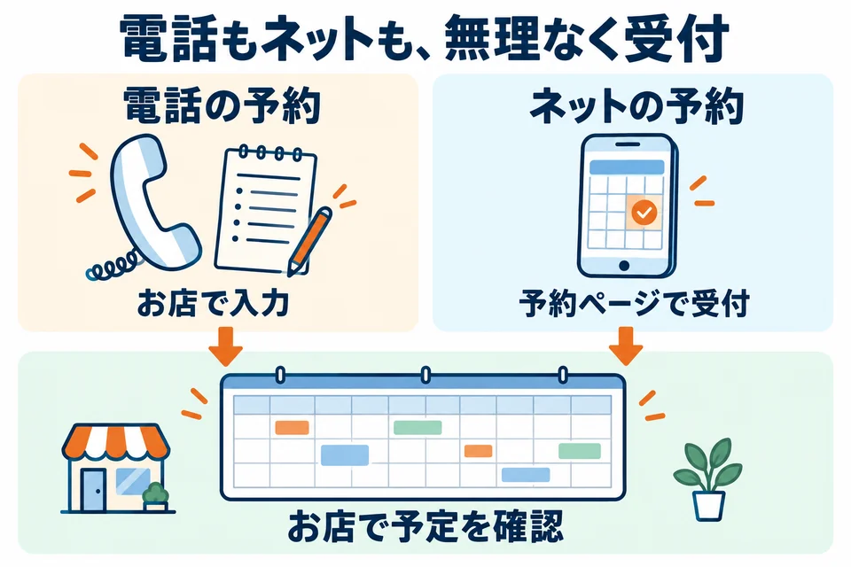 電話の予約はお店で入力し、ネットの予約は予約ページで受け付ける。両方の予定をお店で確認する流れ。