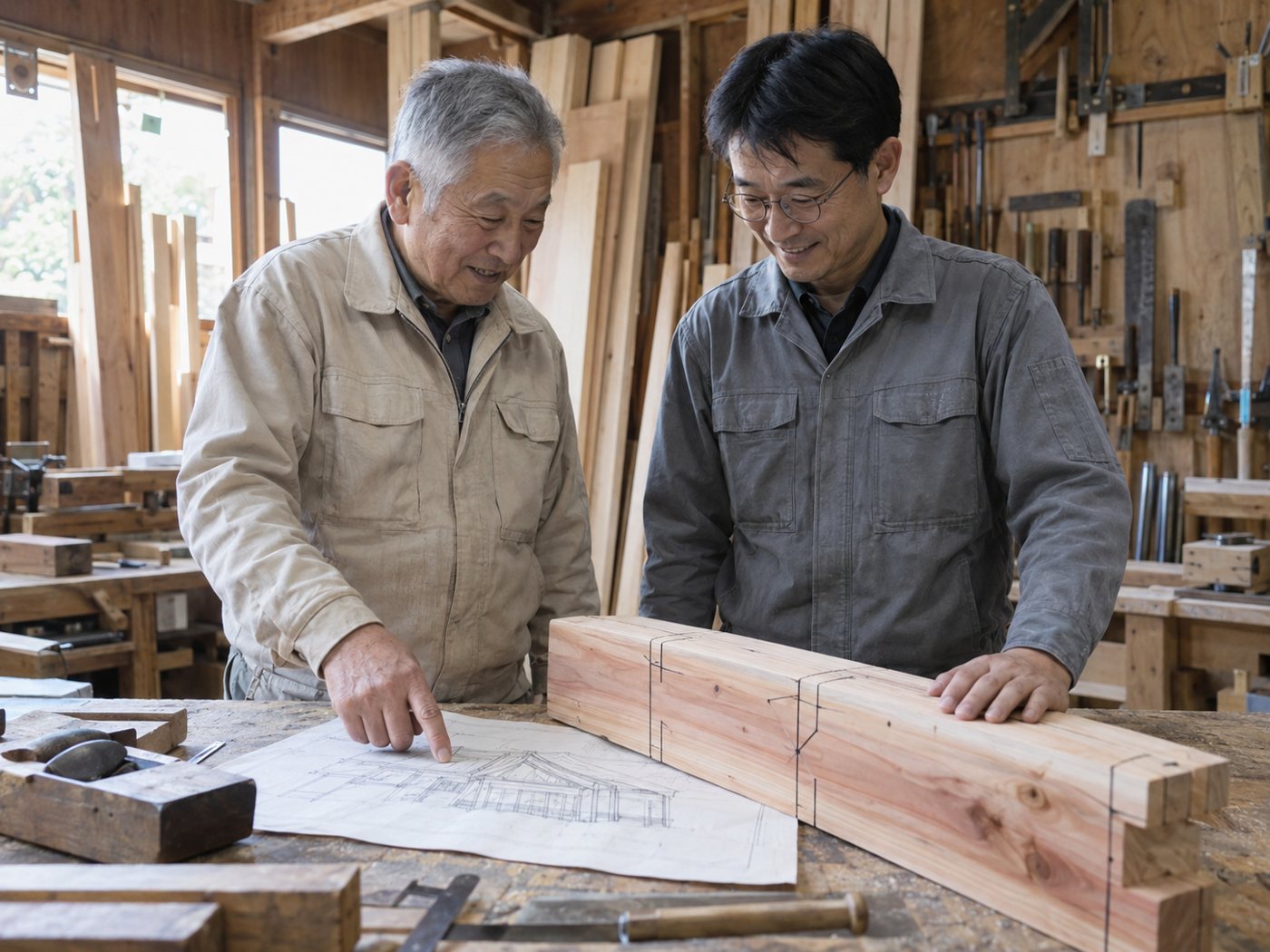 作業場で図面と墨付けした梁を一緒に見る、会長と二代目の代表