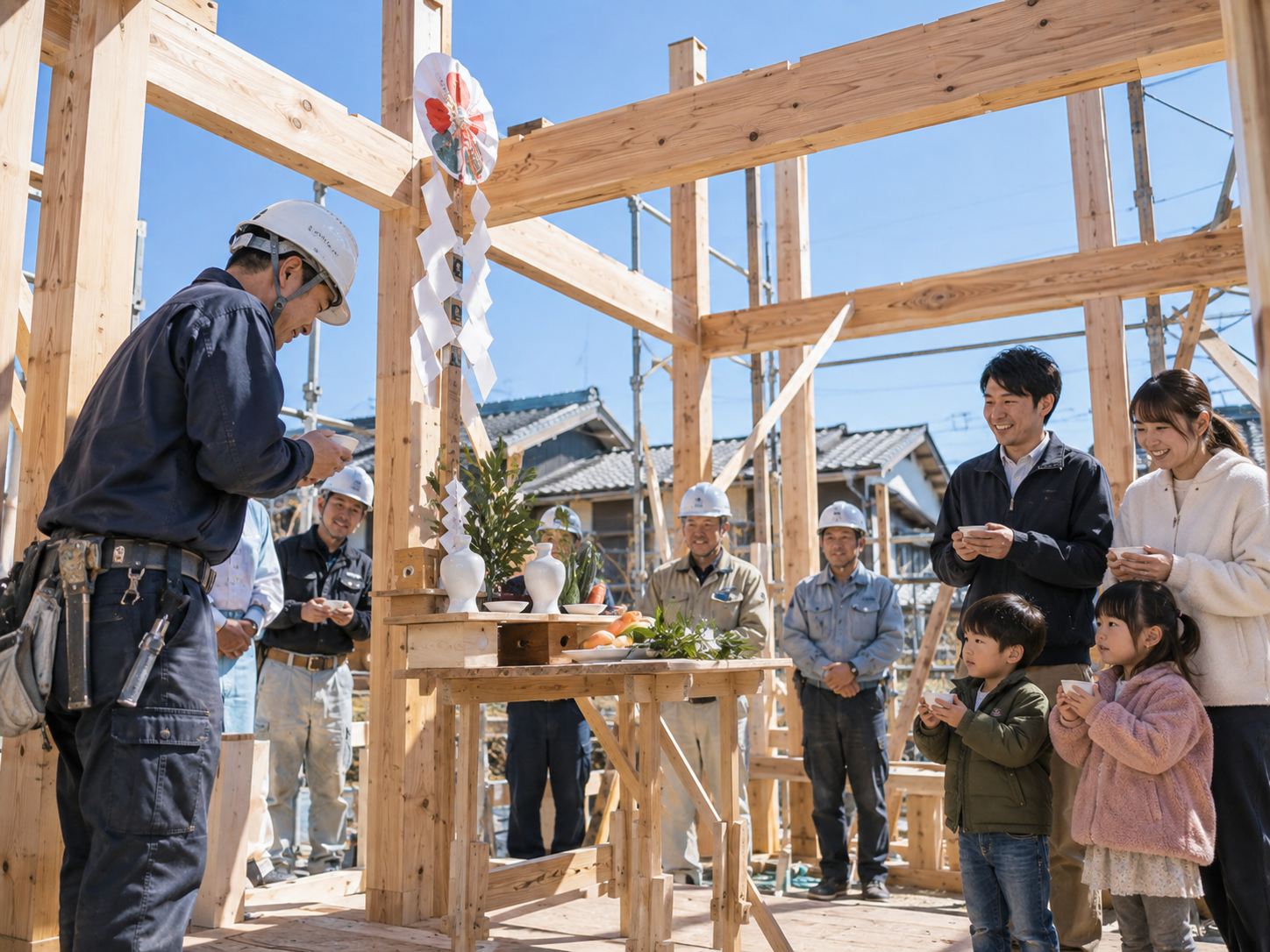 上棟の日に、骨組みの前で大工とご家族が並んでいる