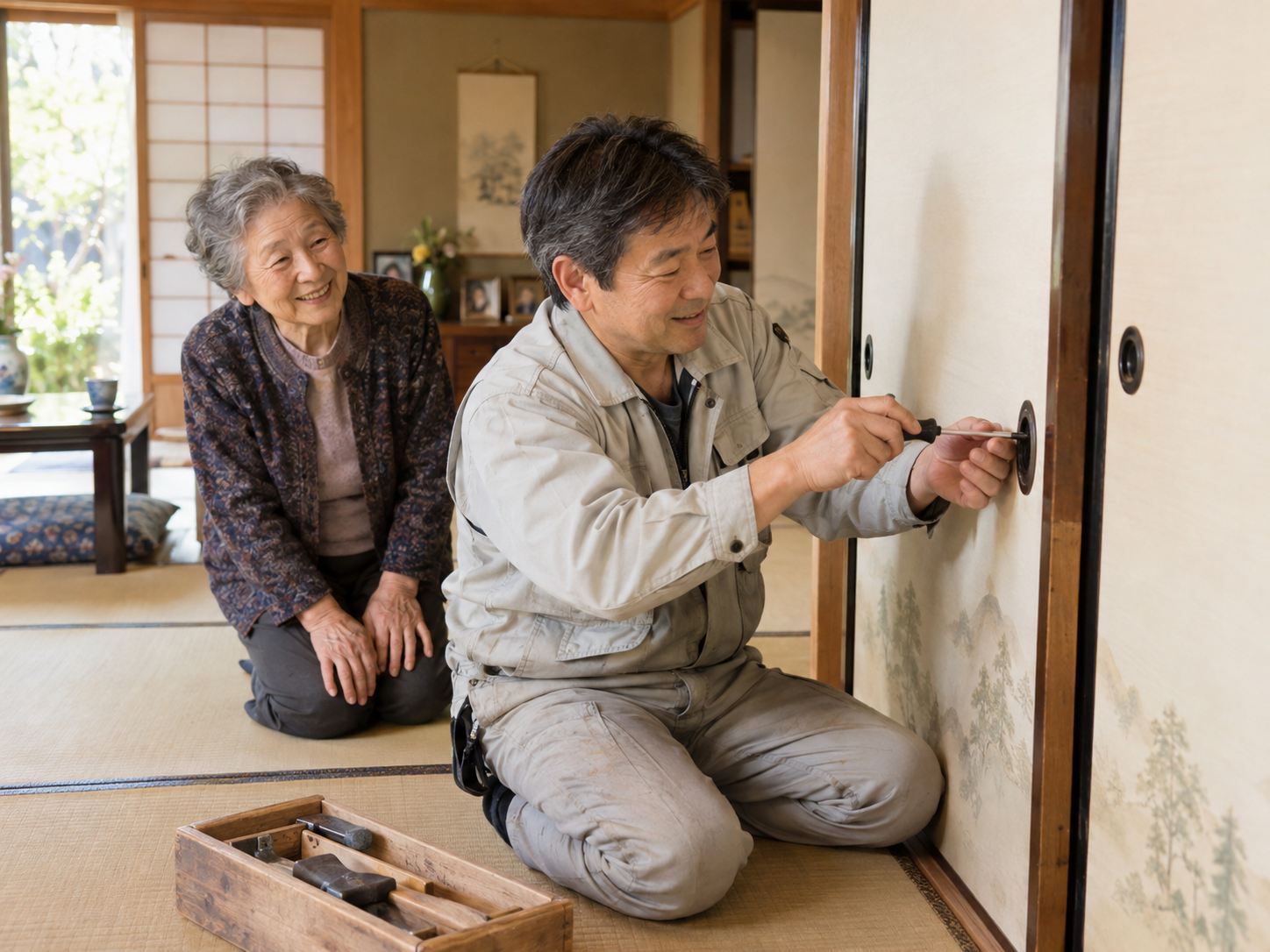 大工が和室のふすまを直し、おばあさんが笑顔で見ている