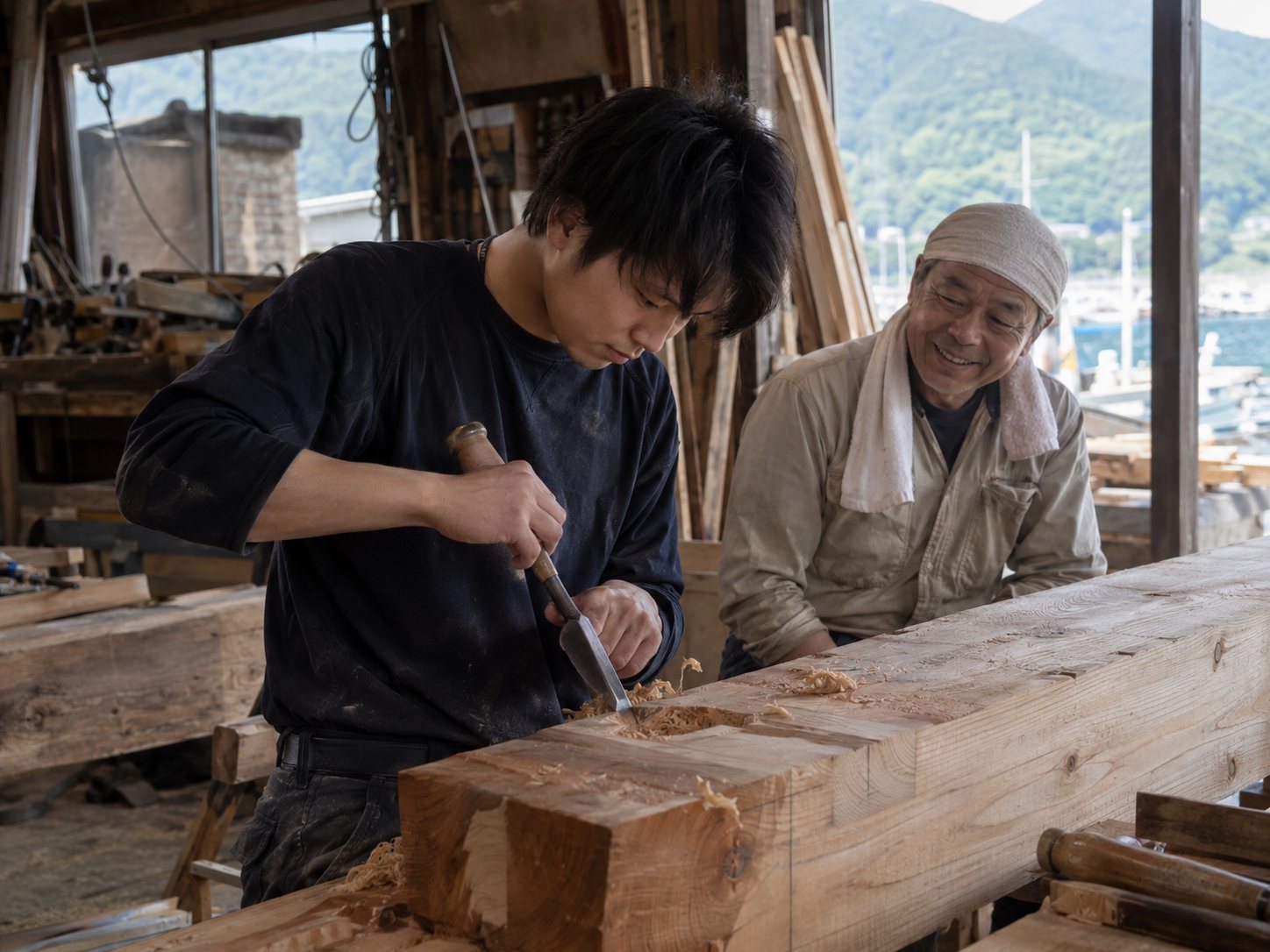 若い大工にのみの使い方を教える棟梁